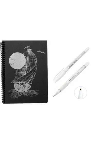 MEKAFİX Desenli Siyah Defter Siyah Yapraklı Defter - Siyah Sayfalı Defter Beyaz Jel Kalem Siyah ürün görseli