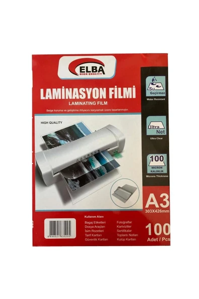 ELBA Laminasyon Filmi A3 100 Mikron 100 Lü 303 X 426 Mm Laminasyon Filmi - 1