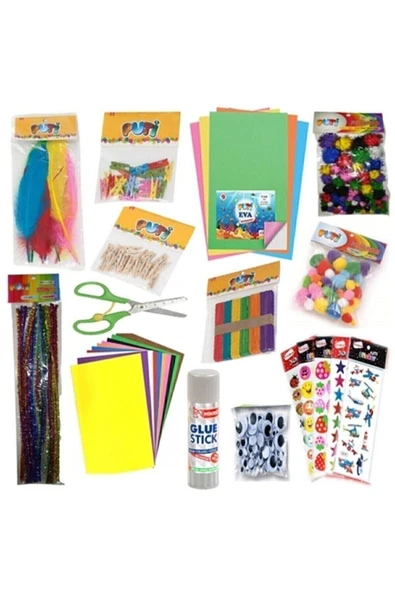 Puti Anaokulu Etkinlik Seti-renkli Tüy,mandal,eva,ponpon,makas,renkli Çubuk,sticker,stick Yapıştırıcı,göz ürün görseli 1