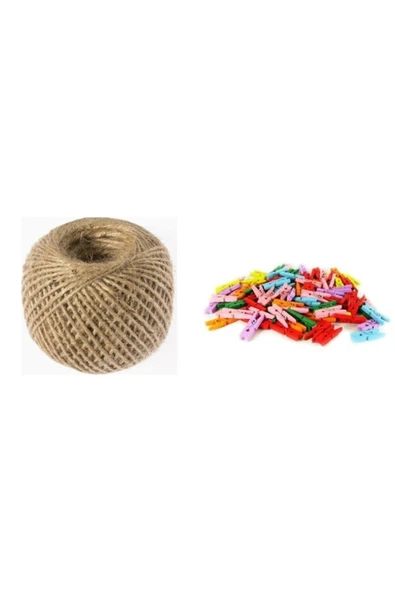 MEKAFİX 50 Renkli Dokaratif Küçük Mandal Ve Jut Kırnap El Isı Ipı Hasır Ip 100 Mt. ürün görseli 1