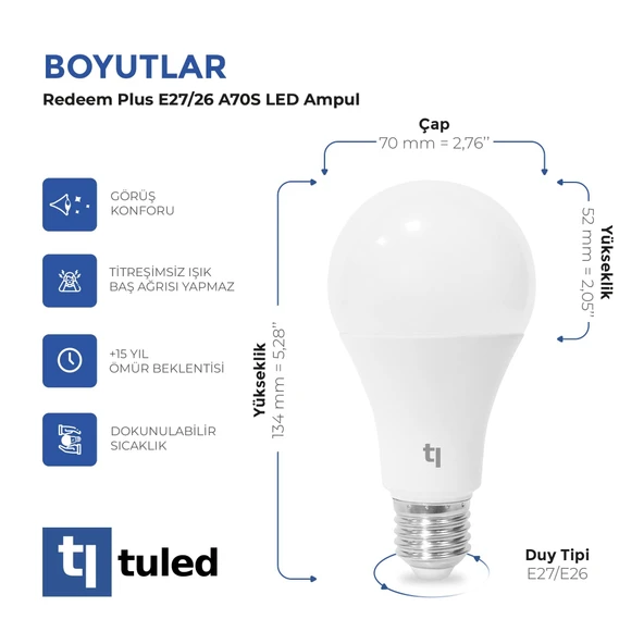 Tuled Redeem Plus A70S E27 LED Ampul, Titreşimsiz, Göz Konforu, Tekli - 3