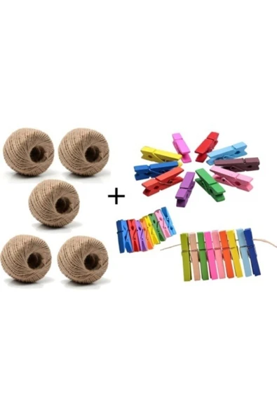MEKAFİX 5 Adet Jüt Ipi Kırnap Ipi Dekoratif Süsleme Ipi+100adet Mini Mandal Renkli Mandal Dekoratif Süsleme ürün görseli 1