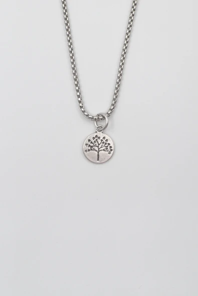 Yuvarlak Hayat Ağacı Örme Zincir Kolye - Antik Gümüş Kaplama - Kadın Erkek - 60 cm ürün görseli 1