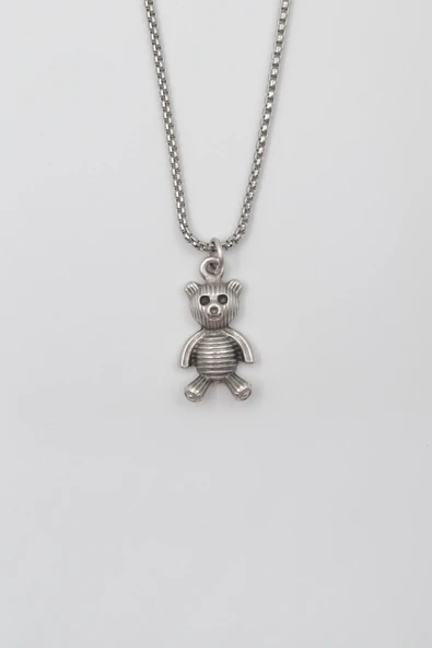 Oyuncak Ayı Örme Zincir Kolye - Antik Gümüş Kaplama - Kadın Erkek - 60 cm ürün görseli 1