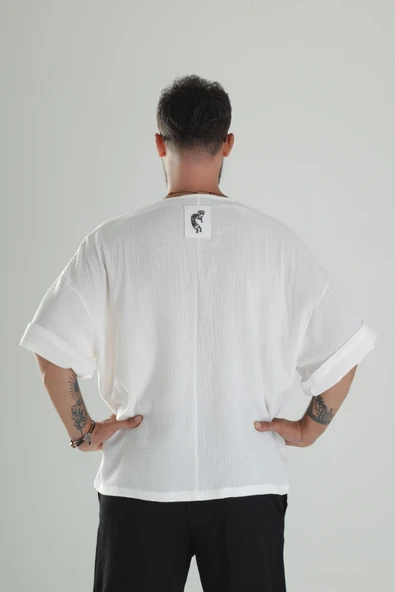 Beyaz Müslin Kumaş Oversize Fakir Kol T-Shirt - 4