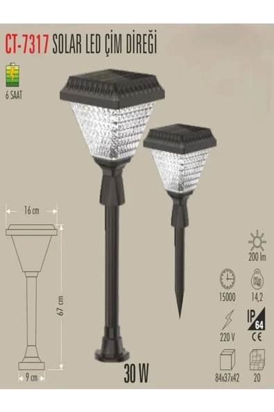 Cata Kazıklı Bahçe Armatür Solarlı 30W 6400K Beyaz - 3