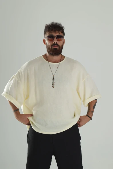 Sarı Müslin Kumaş Oversize Fakir Kol T-Shirt - 3