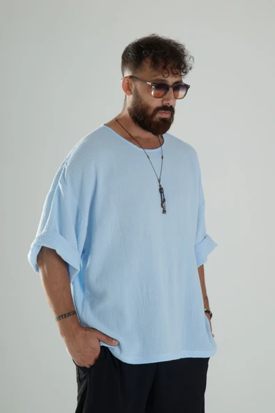 Mavi Müslin Kumaş Oversize Fakir Kol T-Shirt - 2