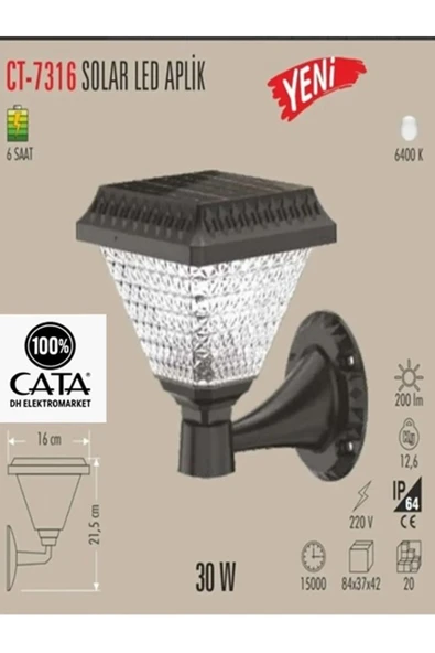 Cata Duvar Armatür Solarlı 30W 6400K Beyaz Işık - 2