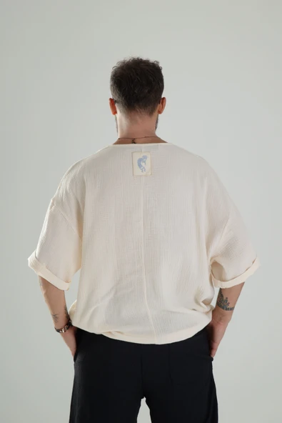 Bej Müslin Kumaş Oversize Fakir Kol T-Shirt - 4