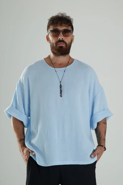Mavi Müslin Kumaş Oversize Fakir Kol T-Shirt - 3