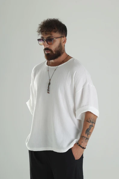 Beyaz Müslin Kumaş Oversize Fakir Kol T-Shirt - 3