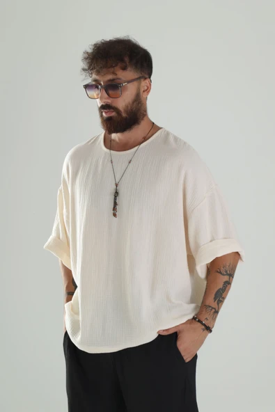 Bej Müslin Kumaş Oversize Fakir Kol T-Shirt - 2