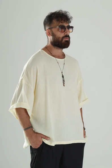 Sarı Müslin Kumaş Oversize Fakir Kol T-Shirt - 2