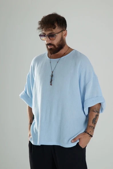 Mavi Müslin Kumaş Oversize Fakir Kol T-Shirt - 1