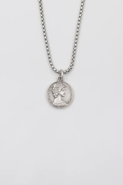 İngiliz Kraliçe II. Elizabeth Örme Zincir Kolye - Antik Gümüş Kaplama - Kadın Erkek - 60 cm ürün görseli 1