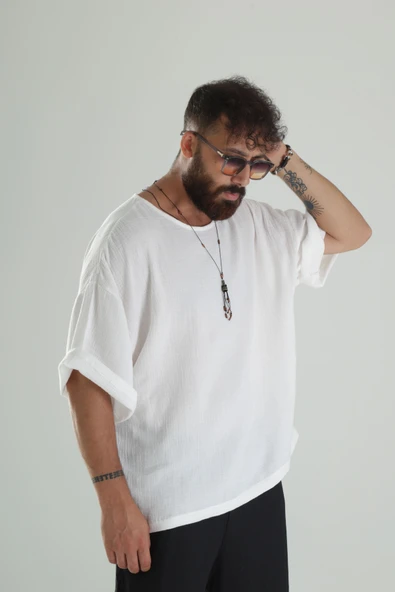 Beyaz Müslin Kumaş Oversize Fakir Kol T-Shirt - 2