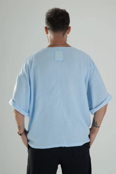Mavi Müslin Kumaş Oversize Fakir Kol T-Shirt - 4