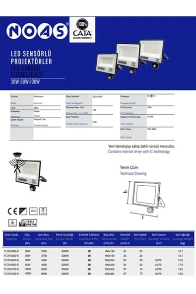 Noas YL70 0100 S 100W Sensörlü Led Projektör 6500K Beyaz Işık - 2