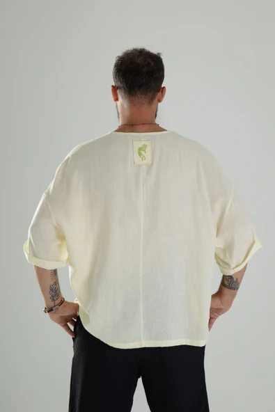 Sarı Müslin Kumaş Oversize Fakir Kol T-Shirt - 4