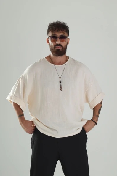 Bej Müslin Kumaş Oversize Fakir Kol T-Shirt - 1
