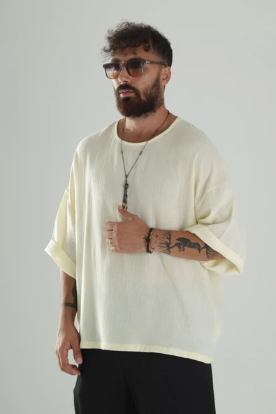 Sarı Müslin Kumaş Oversize Fakir Kol T-Shirt - 1