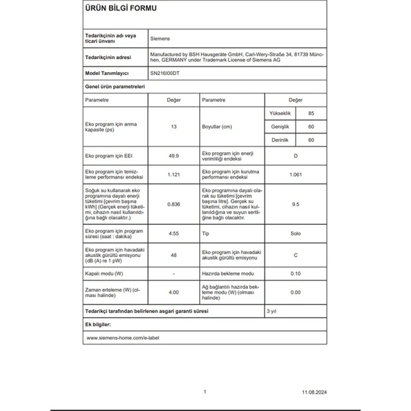 Siemens SN216I00DT 6 Programlı 13 Kişilik Bulaşık Makinesi - 7
