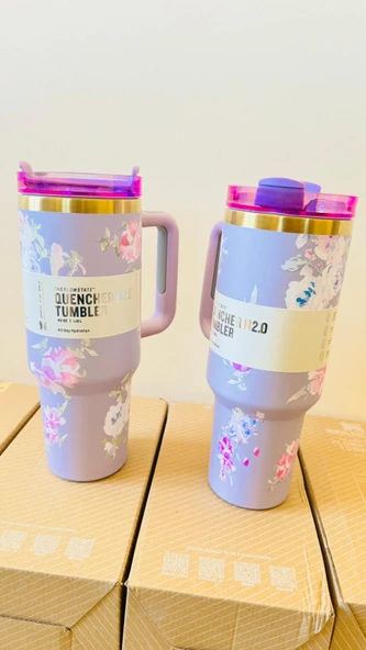 Stanley Quencher H2.0 1.18L Çiçek Desenli Termos  Mor ve Pembe