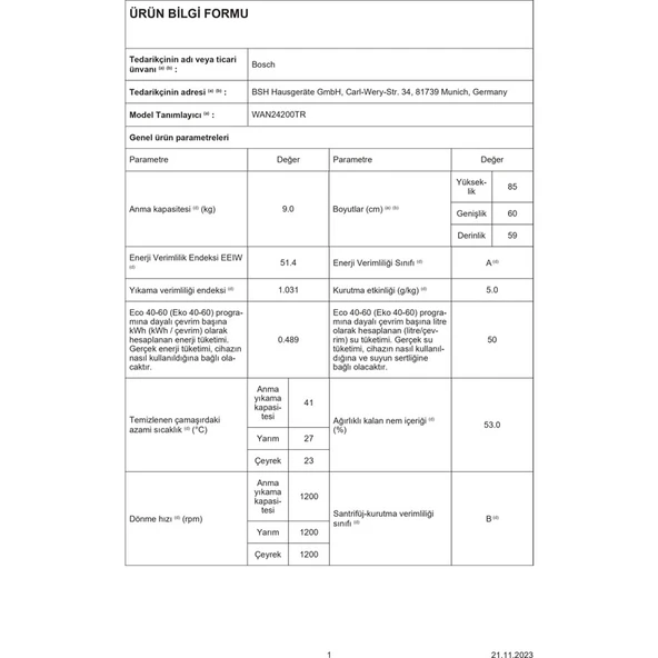 Bosch WAN24200TR 9 kg 1200 Devir Çamaşır Makinesi - 5
