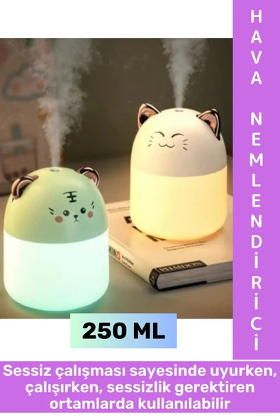 Portatif Sessiz Çalışır Şık Sevimli Kedi Tasarımlı Humidifier USB Şarjlı Oda Hava Nemlendirici 250ML