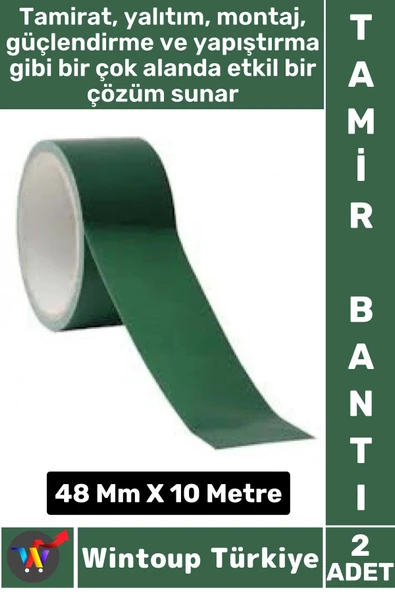 Uzun Ömürlü Su Nem Küfe Dayanıklı Çok Amaçlı YEŞİL Montaj Onarım Tamir Bantı 48 Mm X 10 Metre 2 Adet