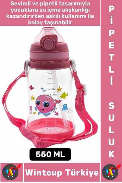 Dayanıklı Tritan Ev Ofis Çocuk Okul Spor BPA İçermeyen Askılı Eğlenceli Renkli Pipetli SULUK 550 ML ürün görseli