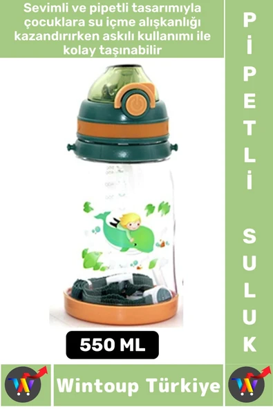 Dayanıklı Tritan Ev Ofis Çocuk Okul Spor BPA İçermeyen Askılı Eğlenceli Renkli Pipetli SULUK 550 ML ürün görseli