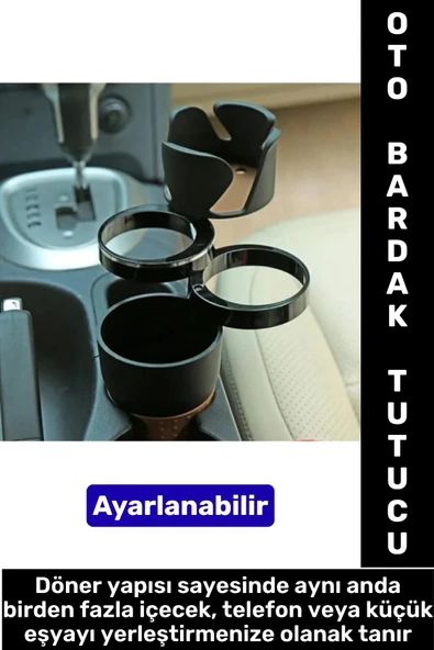 Oto Bardaklık Kullanım Kablo Geçişli Küçük Eşya Bardak Ayarlanabilir Araç İçi Çoklu Bardak Tutacağı - 1