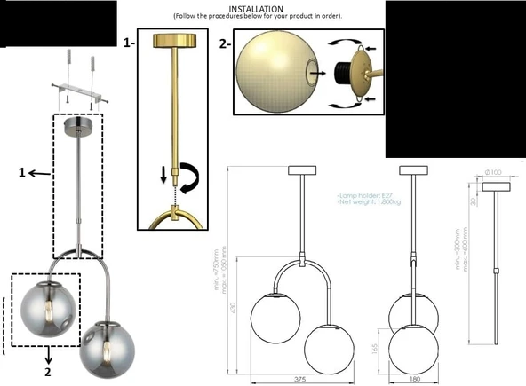 Portual 2'li Antik Lak Avize - 3