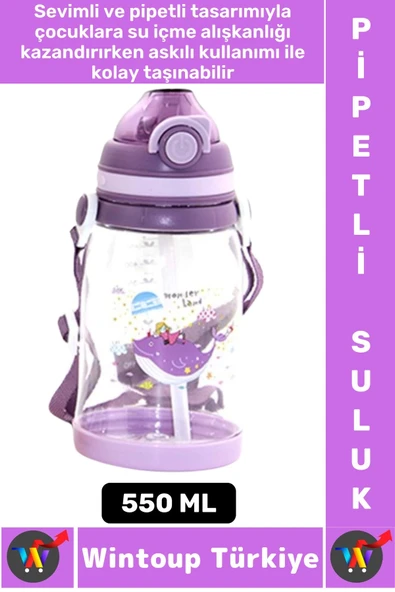 Dayanıklı Tritan Ev Ofis Çocuk Okul Spor BPA İçermeyen Askılı Eğlenceli Renkli Pipetli SULUK 550 ML ürün görseli