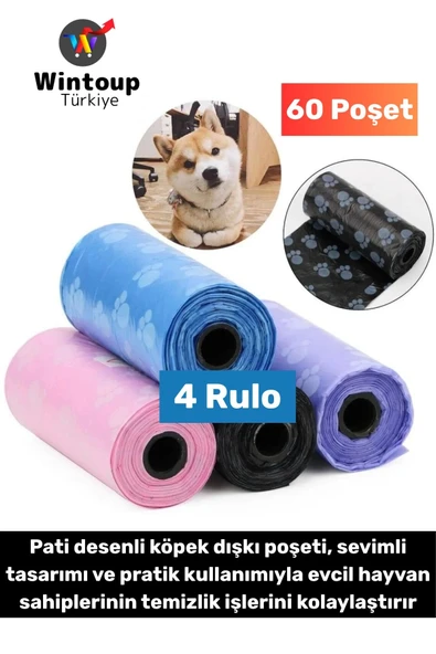 Evcil Hayvan Gezdirme Tuvalet Eğitim Hijyenik Sevimli Pati Desenli Köpek Kaka Poşeti 4 Rulo 60 Poşet ürün görseli