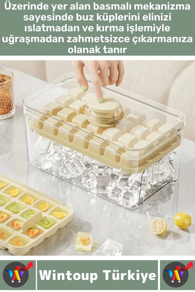 Dayanıklı Sert Plastik Zahmetsiz BPA İçermez Şeffaf Kapaklı Hazneli 56 Bölmeli Basmalı Pratik Buzluk - Resim 2