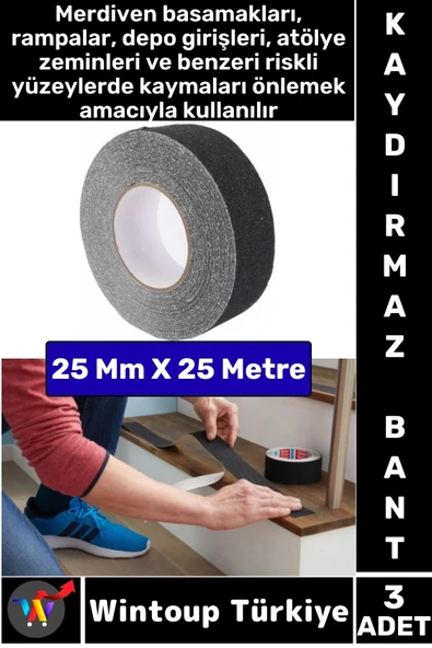 Ultra Güçlü Yapışkan İSG İş Yeri Kaygan Zemin Merdiven Siyah Kaydırmaz Bant 25 Mm X 25 Metre 3 Adet ürün görseli 1