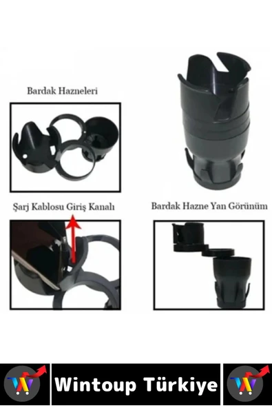 Oto Bardaklık Kullanım Kablo Geçişli Küçük Eşya Bardak Ayarlanabilir Araç İçi Çoklu Bardak Tutacağı - 4