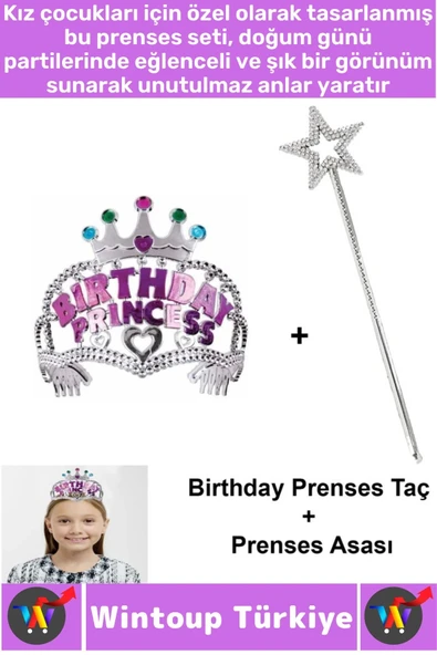 Eğlenceli Kız Çocuk Doğum Günü Birthday Princess Taşlı Detaylı Prenses Taç Sihirli Asa 2li Özel SET ürün görseli