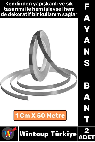 Uzun Ömürlü Kendinden Yapışkanlı Karo Zemin Fayans Derz 1 Cm X 50 Metre Gri Şerit Bant 2 Adet