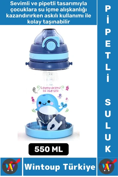 Dayanıklı Tritan Ev Ofis Çocuk Okul Spor BPA İçermeyen Askılı Eğlenceli Renkli Pipetli SULUK 550 ML