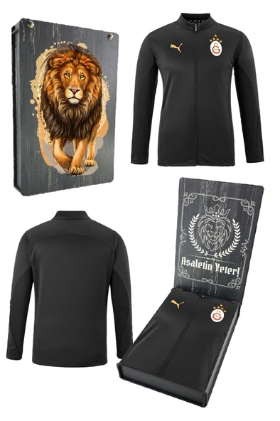 Galatasaray Orijinal Lisanslı 5 Yıldızlı A Takım Tam Fermuarlı Antrenman Üst Siyah Sweat Gs Aslan Baskılı Hediyelik Ahşap Kutulu