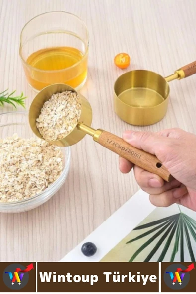 Pratik Mutfak Yemek Hazırlık Bakliyat Sıvı Ölçüm Estetik Gold Renk 4lü Ahşap Saplı Metal Ölçü Kaşığı - Resim 6