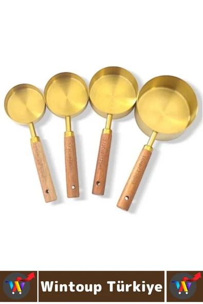 Pratik Mutfak Yemek Hazırlık Bakliyat Sıvı Ölçüm Estetik Gold Renk 4lü Ahşap Saplı Metal Ölçü Kaşığı - Resim 2