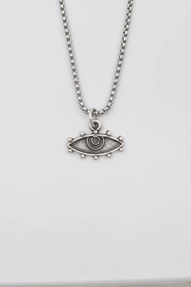 Bohem Koruyucu Göz Örme Zincir Kolye - Antik Gümüş Kaplama - Kadın Erkek - 60 cm ürün görseli 1