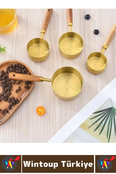 Pratik Mutfak Yemek Hazırlık Bakliyat Sıvı Ölçüm Estetik Gold Renk 4lü Ahşap Saplı Metal Ölçü Kaşığı - Resim 4