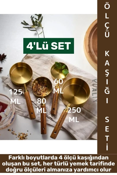 Pratik Mutfak Yemek Hazırlık Bakliyat Sıvı Ölçüm Estetik Gold Renk 4lü Ahşap Saplı Metal Ölçü Kaşığı ürün görseli