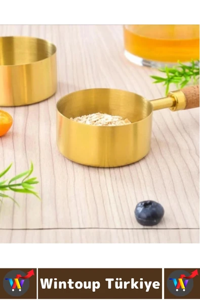 Pratik Mutfak Yemek Hazırlık Bakliyat Sıvı Ölçüm Estetik Gold Renk 4lü Ahşap Saplı Metal Ölçü Kaşığı - Resim 5